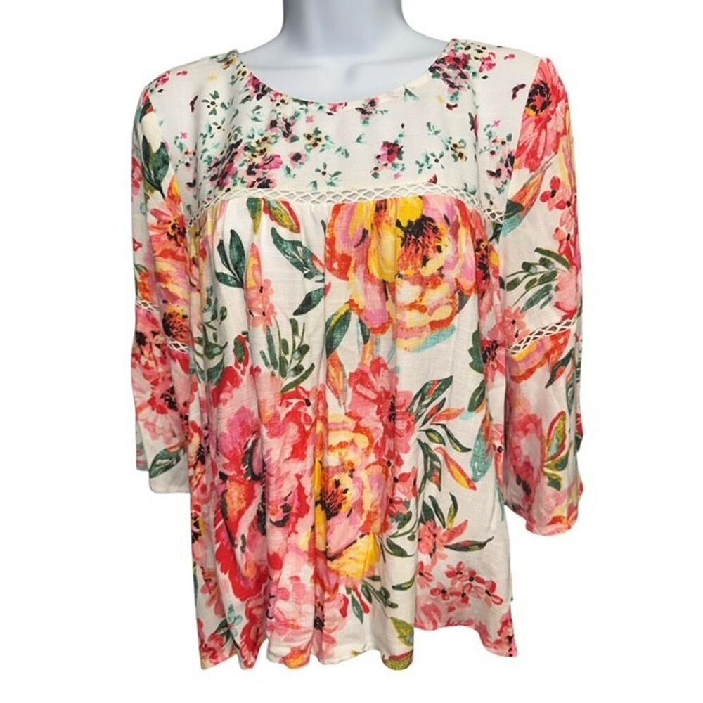 Figueroa Flower PM Top BOHO Pink Floral Rayon Crochet Bell Sleeves Petite Medium